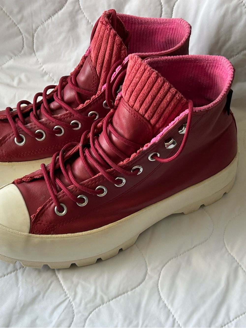 Converse Women's Red Leather Lace-Up High Tops with Pink Lining